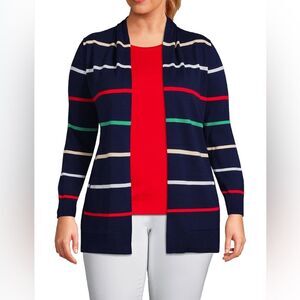 Lands' End Open Long Cardigan Sweater Navy Blue Striped 100% cotton medium